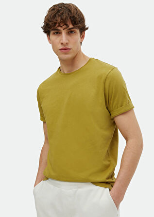 Yağ Yeşili Baskılı Bisiklet Yaka %100 Pamuk T-Shirt