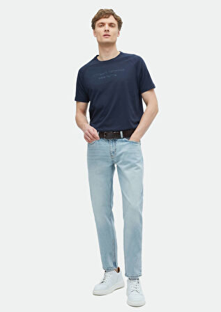 Lacivert Baskılı Bisiklet Yaka %100 Pamuk T-Shirt