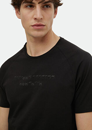 Siyah Baskılı Bisiklet Yaka %100 Pamuk T-Shirt
