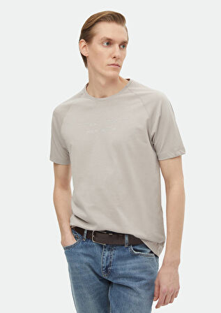 Açık Gri Baskılı Bisiklet Yaka %100 Pamuk T-Shirt