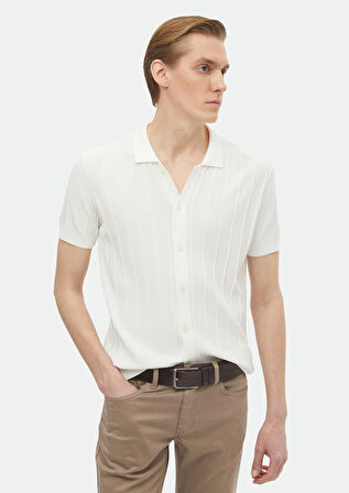 Ekru Polo Yaka Jakarlı Triko