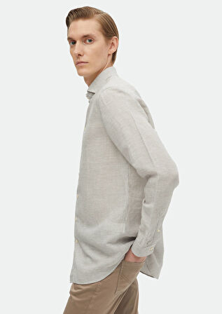 Antrasit Çizgili Regular Fit Dokuma Casual Keten Karışımlı Gömlek