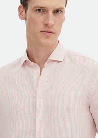 Pembe Çizgili Regular Fit Dokuma Casual Keten Karışımlı Gömlek