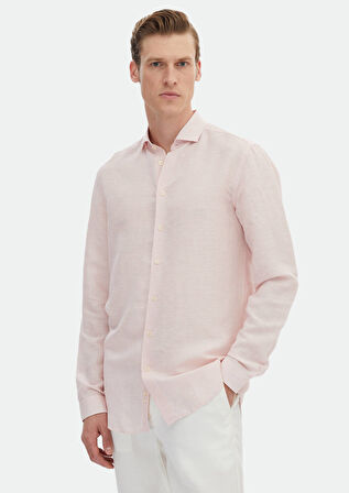 Pembe Çizgili Regular Fit Dokuma Casual Keten Karışımlı Gömlek