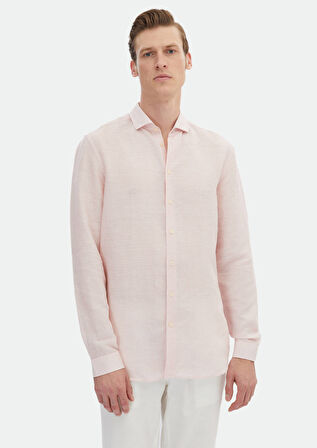Pembe Çizgili Regular Fit Dokuma Casual Keten Karışımlı Gömlek