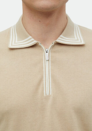 Bej Polo Yaka Düz Örgü %100 Pamuk Triko