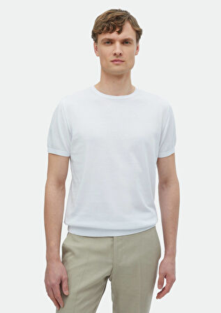 Beyaz Bisiklet Yaka Düz Örgü %100 Pamuk Triko