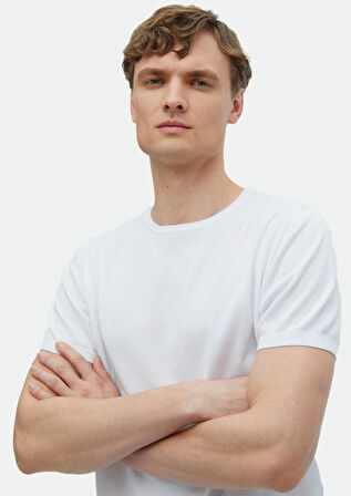 Beyaz Bisiklet Yaka Düz Örgü %100 Pamuk Triko