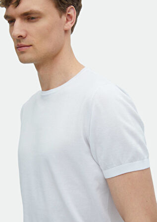 Beyaz Bisiklet Yaka Düz Örgü %100 Pamuk Triko