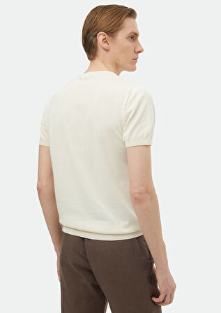 Ekru Bisiklet Yaka Düz Örgü %100 Pamuk Triko