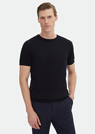 Lacivert Bisiklet Yaka Düz Örgü %100 Pamuk Triko