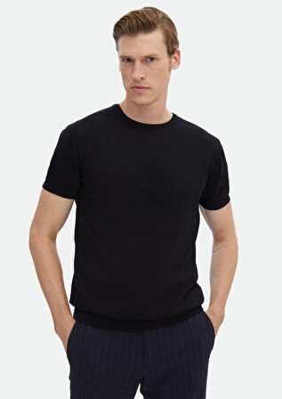 Lacivert Bisiklet Yaka Düz Örgü %100 Pamuk Triko