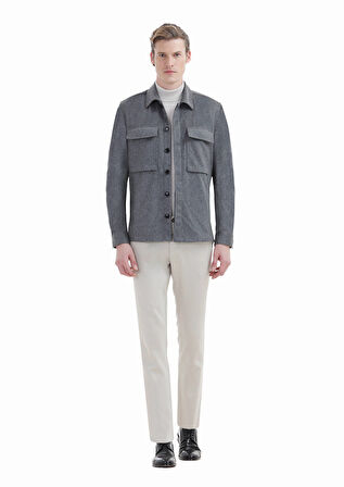 Gri Düz Regular Fit Dokuma %100 Kaşmir Overshırt