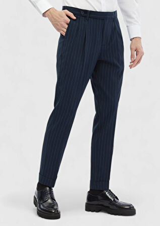 Lacivert Çizgili Dokuma Carrot Fit Klasik Pantolon