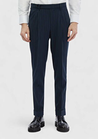 Lacivert Çizgili Dokuma Carrot Fit Klasik Pantolon