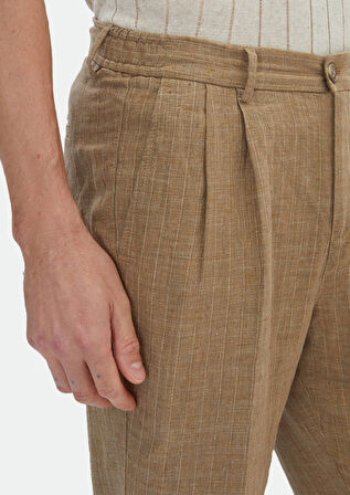 Vizon Çizgili Dokuma Carrot Fit Klasik %100 Keten Pantolon