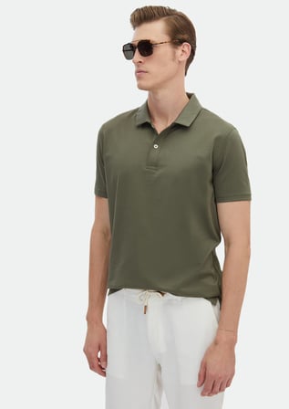 Haki Düz Polo Yaka %100 Pamuk T-Shirt