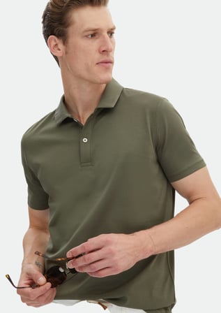 Haki Düz Polo Yaka %100 Pamuk T-Shirt
