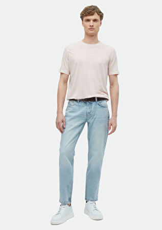 Açık Pembe Düz Bisiklet Yaka %100 Keten T-Shirt