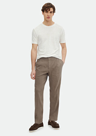 Ekru Düz Bisiklet Yaka %100 Keten T-Shirt