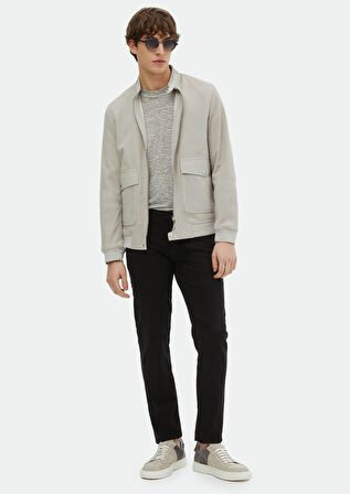 Gri Çizgili Bisiklet Yaka %100 Keten T-Shirt