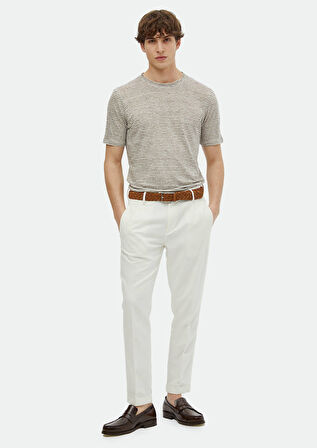 Kahverengi Çizgili Bisiklet Yaka %100 Keten T-Shirt