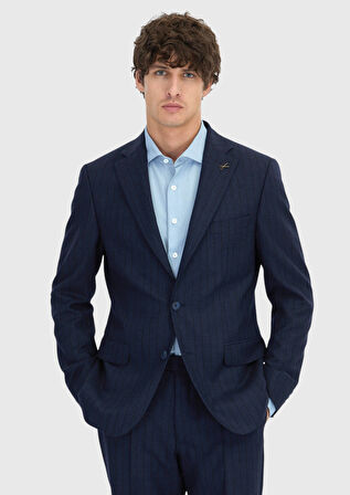 Lacivert Çizgili Zeroweight Slim Fit %100 Yün Takım Elbise