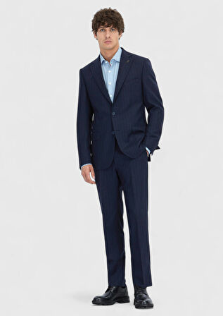 Lacivert Çizgili Zeroweight Slim Fit %100 Yün Takım Elbise
