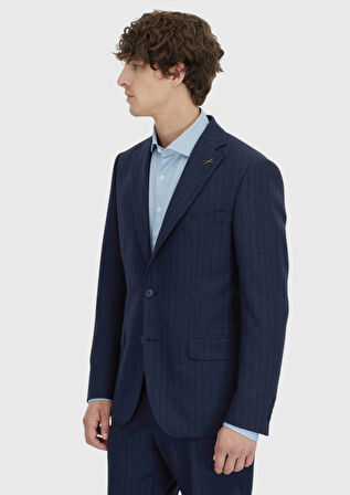 Lacivert Çizgili Zeroweight Slim Fit %100 Yün Takım Elbise