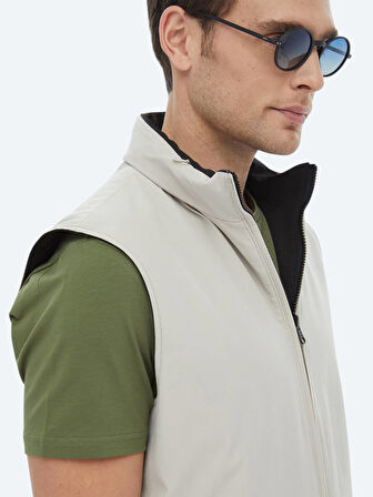 Siyah Regular Fit Gizli Kapüşon Casual Dokuma Çift Taraflı Spor Yelek