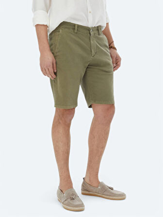 Haki Dokuma Slim Fit Casual Pamuk Karışımlı Bermuda