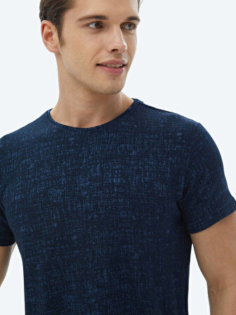 Lacivert Jakarlı Bisiklet Yaka Pamuk Karışımlı T-Shirt