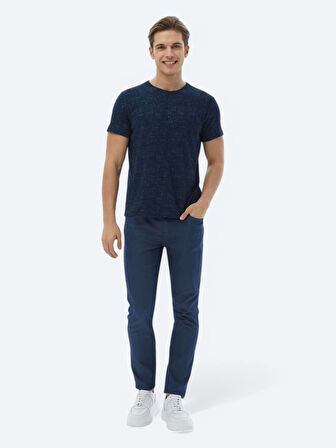 Lacivert Jakarlı Bisiklet Yaka Pamuk Karışımlı T-Shirt