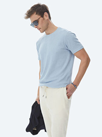 Mavi Jakarlı Bisiklet Yaka Pamuk Karışımlı T-Shirt