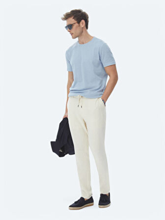 Mavi Jakarlı Bisiklet Yaka Pamuk Karışımlı T-Shirt