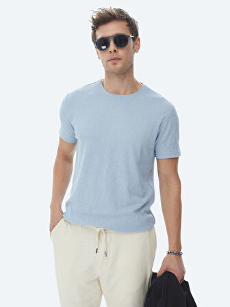 Mavi Jakarlı Bisiklet Yaka Pamuk Karışımlı T-Shirt
