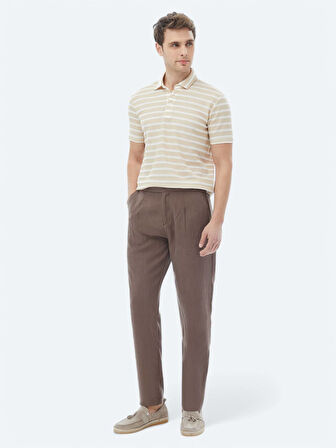 Bej Çizgili Polo Yaka Pamuk Karışımlı T-Shirt