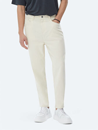 Açık Bej Düz Dokuma Carrot Fit Casual Pamuk Karışımlı Pantolon