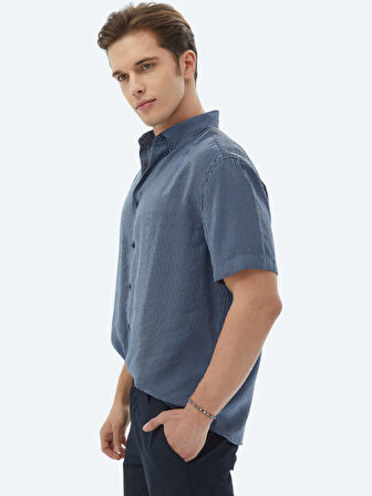 Koyu Mavi Çizgili Oversize Fit Dokuma Casual Gömlek