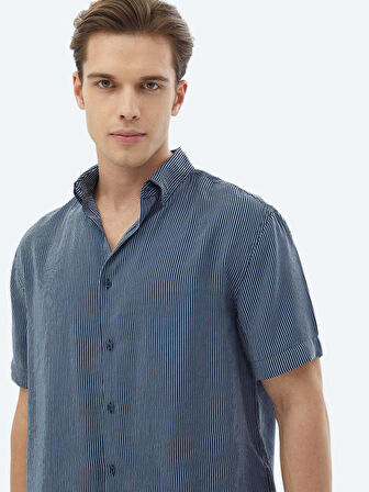 Koyu Mavi Çizgili Oversize Fit Dokuma Casual Gömlek