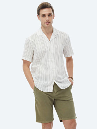 Ekru Çizgili Regular Fit Dokuma Klasik Gömlek