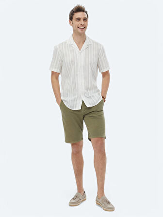 Ekru Çizgili Regular Fit Dokuma Klasik Gömlek