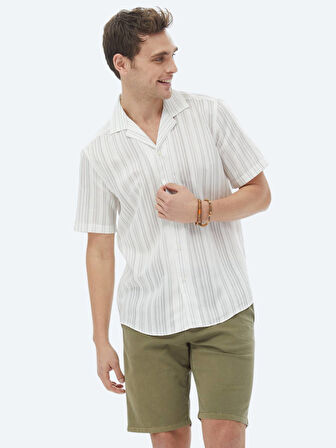 Ekru Çizgili Regular Fit Dokuma Klasik Gömlek