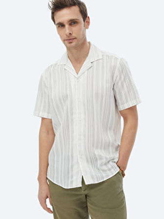 Ekru Çizgili Regular Fit Dokuma Klasik Gömlek