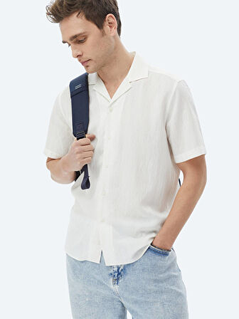 Ekru Regular Fit Dokuma Klasik Keten Karışımlı Gömlek