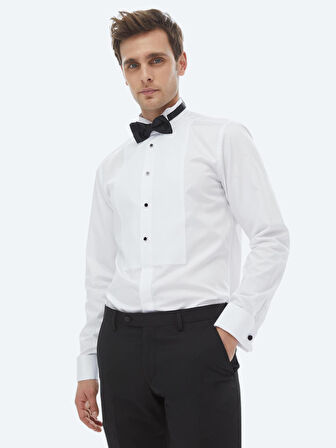 Beyaz Düz Slim Fit Duble Manşet Ata Yaka Smokin Gömlek