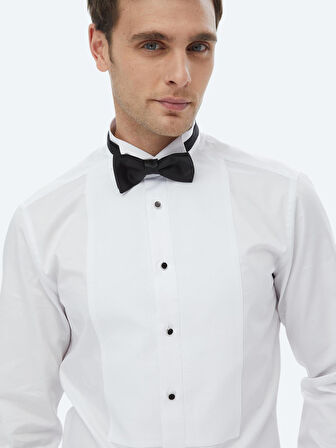 Beyaz Düz Slim Fit Duble Manşet Ata Yaka Smokin Gömlek