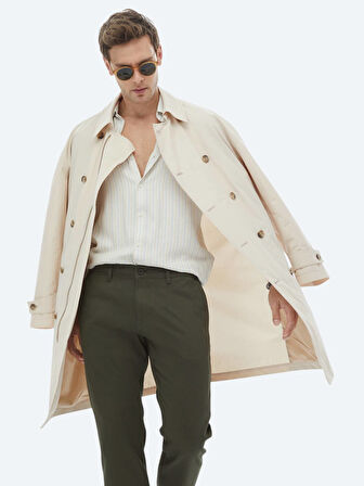 Açık Bej Oversize Fit Kruvaze Yaka Casual Dokuma Pardesü