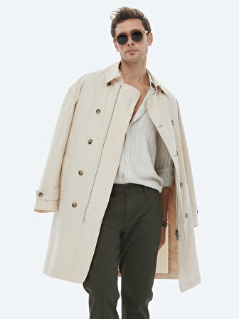 Açık Bej Oversize Fit Kruvaze Yaka Casual Dokuma Pardesü