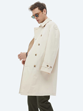 Açık Bej Oversize Fit Kruvaze Yaka Casual Dokuma Pardesü